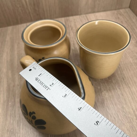 Vtg Pfaltzgraff Folk Art Sugar Bowl Creamer Set of 3 Stoneware Floral Blue Tan - Picture 15 of 16